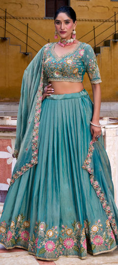 Blue color Lehenga in Shimmer fabric with Embroidered, Sequence, Thread work
