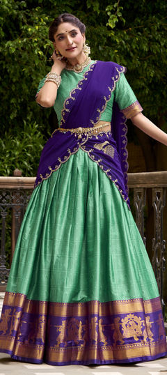 Green color Lehenga in Cotton fabric with Weaving, Zari work