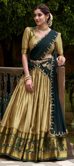 Beige and Brown color Lehenga in Cotton fabric with Weaving, Zari work