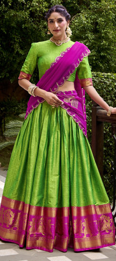 Green color Lehenga in Cotton fabric with Weaving, Zari work