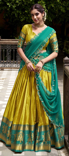 Yellow color Lehenga in Cotton fabric with Weaving, Zari work