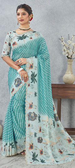 Blue color Saree in Satin Silk fabric with Digital Print, Zircon work