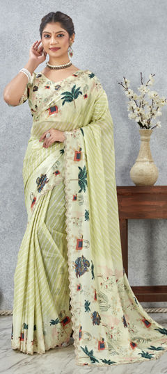 Yellow color Saree in Satin Silk fabric with Digital Print, Zircon work