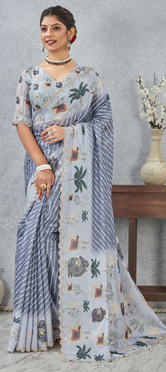 Black and Grey color Saree in Satin Silk fabric with Digital Print, Zircon work