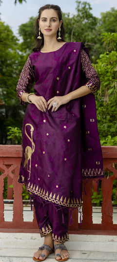 Purple and Violet color Salwar Kameez in Silk cotton fabric with Weaving work