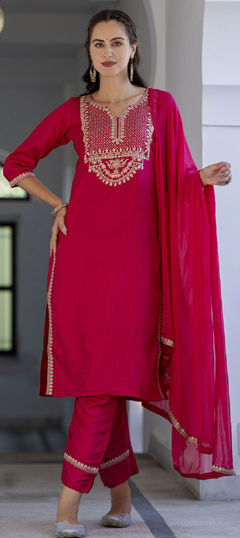 Pink and Majenta color Salwar Kameez in Blended Cotton fabric with Embroidered, Thread work