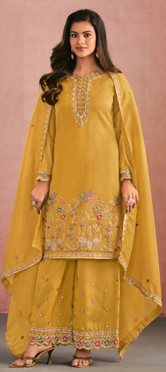 Yellow color Salwar Kameez in Shimmer fabric with Bugle Beads, Embroidered, Thread work