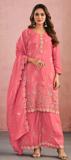 Pink and Majenta color Salwar Kameez in Shimmer fabric with Bugle Beads, Embroidered, Thread work
