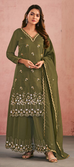 Green color Salwar Kameez in Shimmer fabric with Bugle Beads, Embroidered, Thread work