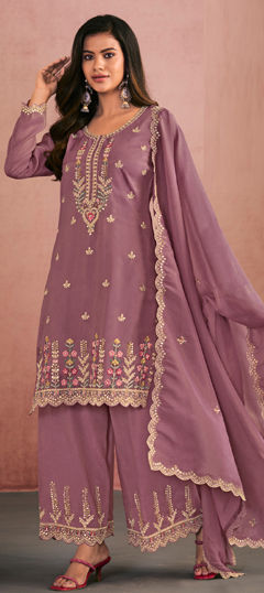 Purple and Violet color Salwar Kameez in Shimmer fabric with Bugle Beads, Embroidered, Thread work