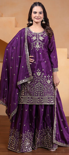 Purple and Violet color Salwar Kameez in Chinon Silk fabric with Embroidered, Sequence work