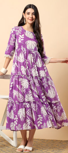 Purple and Violet color Dress in Cotton fabric with Embroidered, Printed work