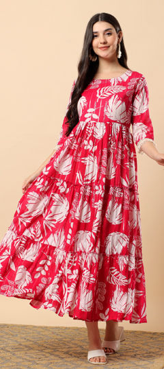 Pink and Majenta color Dress in Cotton fabric with Embroidered, Printed work