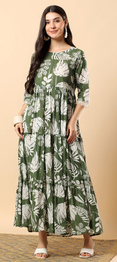 Green color Dress in Cotton fabric with Embroidered, Printed work