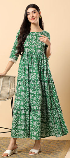 Green color Dress in Cotton fabric with Embroidered, Printed work