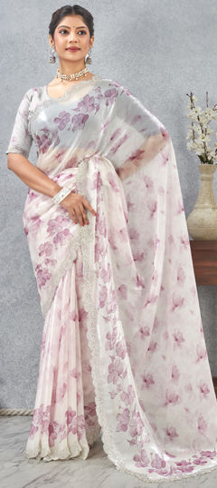 Pink and Majenta color Saree in Satin Silk fabric with Digital Print, Zircon work