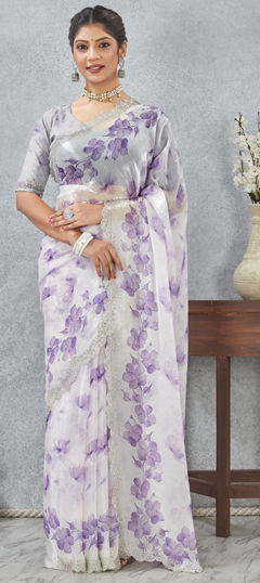 Purple and Violet color Saree in Satin Silk fabric with Digital Print, Zircon work