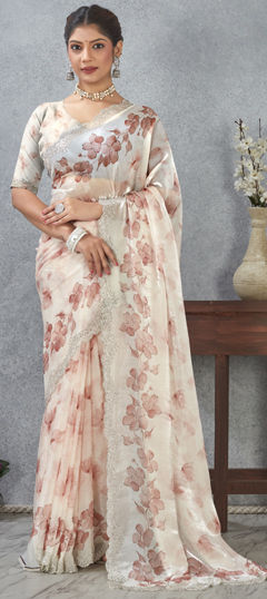 Pink and Majenta color Saree in Satin Silk fabric with Digital Print, Zircon work