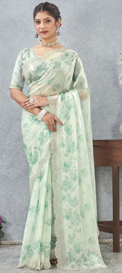 Green color Saree in Satin Silk fabric with Digital Print, Zircon work