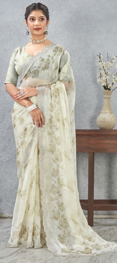 Green color Saree in Satin Silk fabric with Digital Print, Zircon work