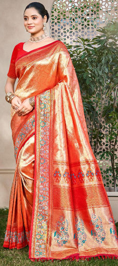 Orange color Saree in Kanjeevaram Silk fabric with Weaving work
