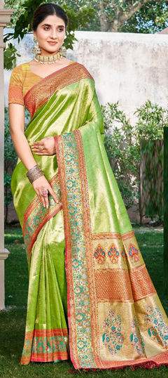Green color Saree in Kanjeevaram Silk fabric with Weaving work