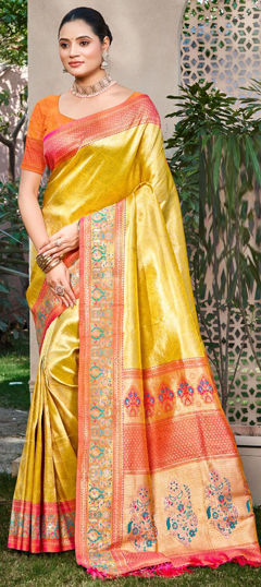 Yellow color Saree in Kanjeevaram Silk fabric with Weaving work