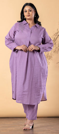 Purple and Violet color Salwar Kameez in Cotton fabric with Embroidered, Resham, Thread work