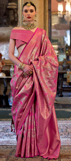 Pink and Majenta color Saree in Tissue fabric with Weaving work
