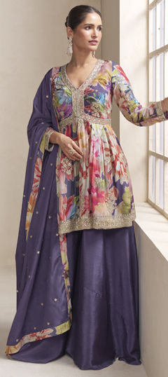 Multicolor color Salwar Kameez in Chinon Silk fabric with Embroidered, Printed, Sequence, Thread work