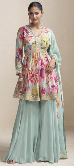 Multicolor color Salwar Kameez in Chinon Silk fabric with Embroidered, Printed, Sequence, Thread work