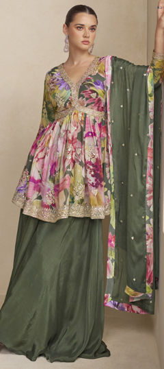 Multicolor color Salwar Kameez in Chinon Silk fabric with Embroidered, Printed, Sequence, Thread work