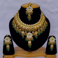 Gold Rodium Polish Green color Necklace in Metal Alloy studded with CZ Diamond, Pearl