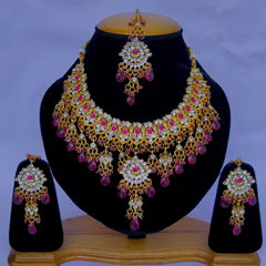 Gold Rodium Polish Pink and Majenta, Purple and Violet color Necklace in Metal Alloy studded with CZ Diamond, Pearl