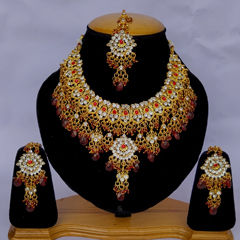 Gold Rodium Polish Red and Maroon color Necklace in Metal Alloy studded with CZ Diamond, Pearl