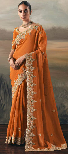 Orange color Saree in Tissue fabric with Embroidered, Sequence, Thread, Zari work