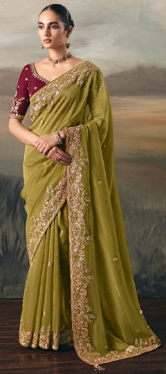 Green color Saree in Tissue fabric with Embroidered, Sequence, Thread, Zari work