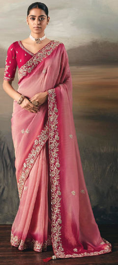 Pink and Majenta color Saree in Tissue fabric with Embroidered, Sequence, Thread, Zari work