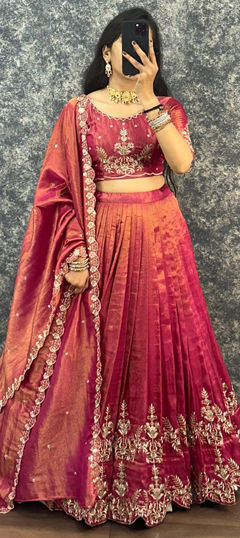 Pink and Majenta color Ready to Wear Lehenga in Tissue fabric with Embroidered, Resham, Zari work