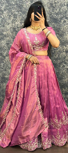 Pink and Majenta color Ready to Wear Lehenga in Tissue fabric with Embroidered, Resham, Zari work