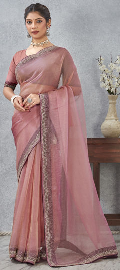 Pink and Majenta color Saree in Art Silk fabric with Border, Zircon work