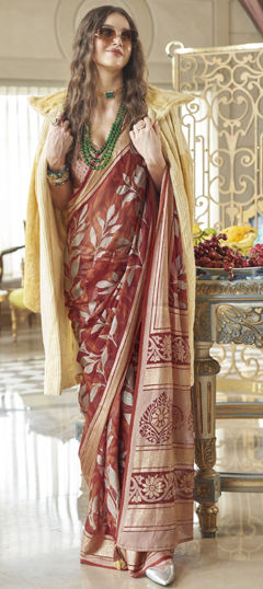 Beige and Brown color Saree in Georgette fabric with Printed work