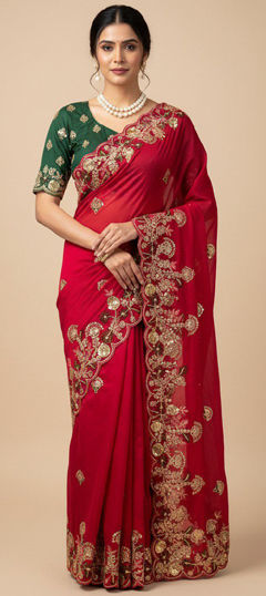 Red and Maroon color Saree in Chiffon fabric with Embroidered, Sequence, Thread work