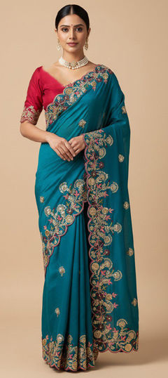 Blue color Saree in Chiffon fabric with Embroidered, Sequence, Thread work