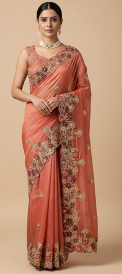 Pink and Majenta color Saree in Chiffon fabric with Embroidered, Sequence, Thread work