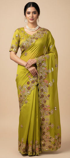 Green color Saree in Chiffon fabric with Embroidered, Sequence, Thread work