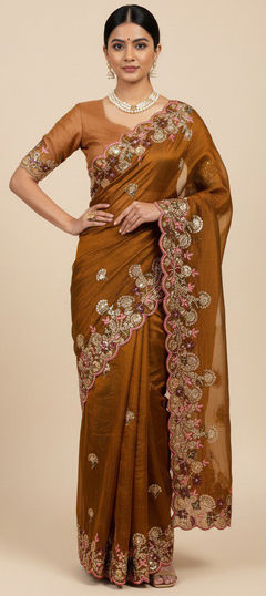Beige and Brown color Saree in Chiffon fabric with Embroidered, Sequence, Thread work
