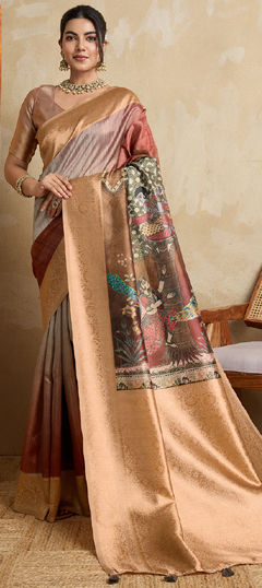 Beige and Brown color Saree in Blended, Silk fabric with Digital Print, Weaving work