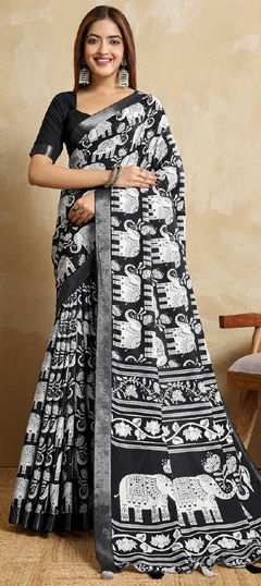 Black and Grey color Saree in Blended fabric with Digital Print, Zari work