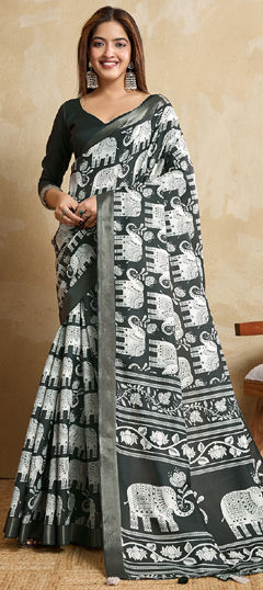 Green color Saree in Blended fabric with Digital Print, Zari work